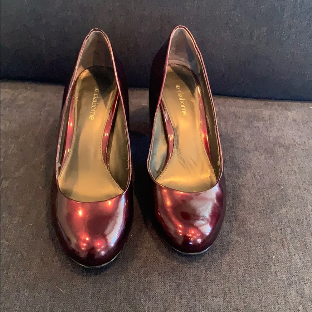 Burgundy red patent leather pumps